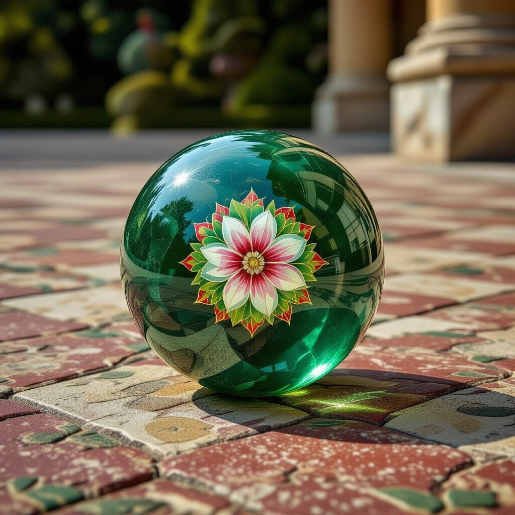 Spherical Emerald Marble with Floral Design in Surreal Itali...