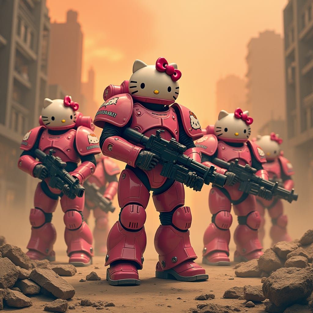 Hello Kitty Space Marines in Grim Warhammer Landscape