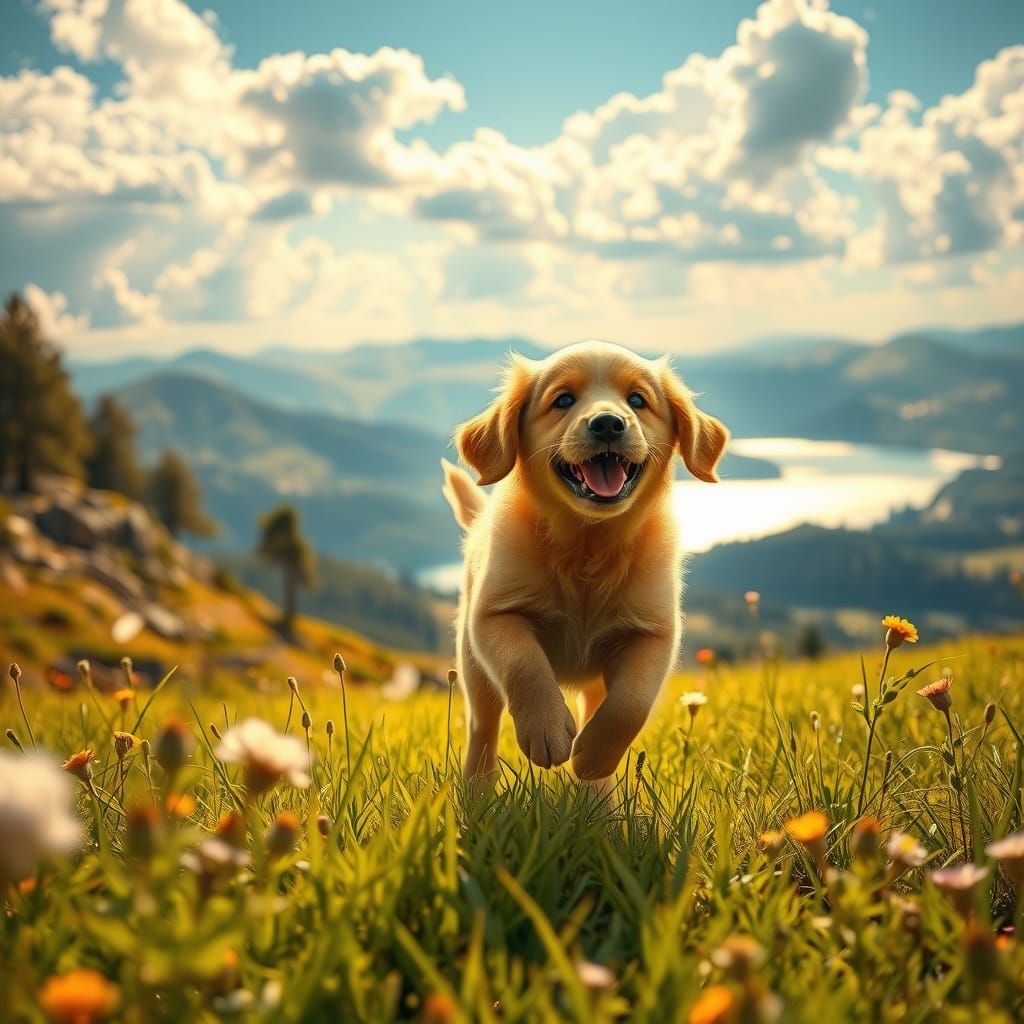 Golden Retriever Puppy in Meadow, Nostalgic Painting