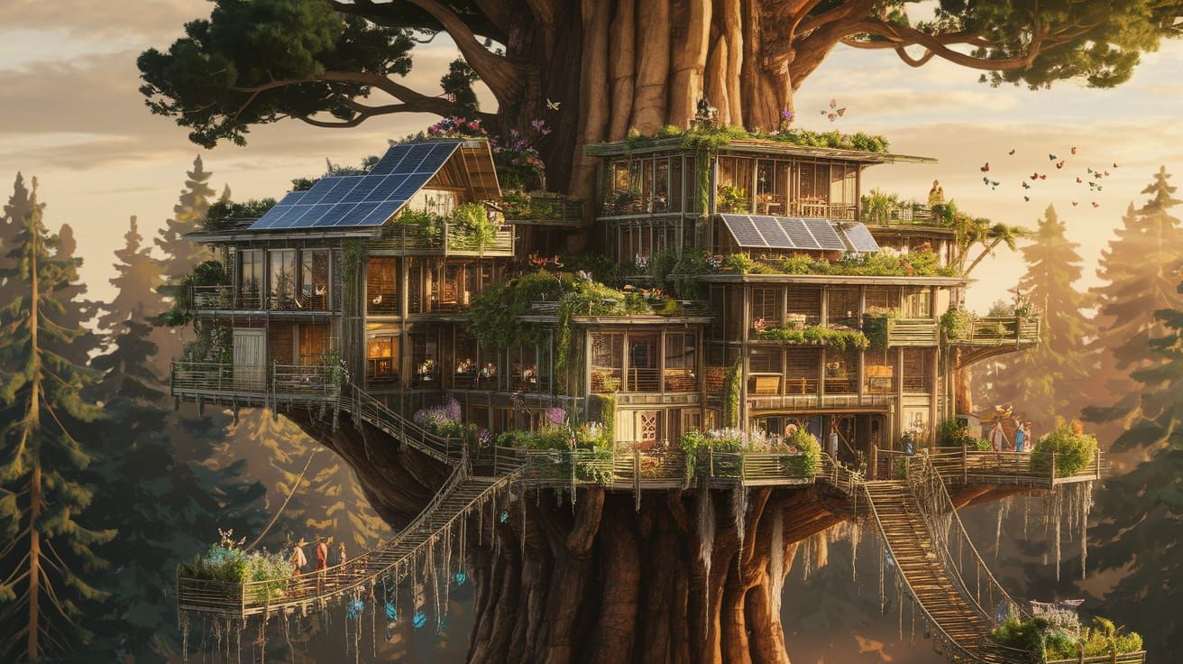 Solarpunk Treehouse Village in Ancient Sequoia