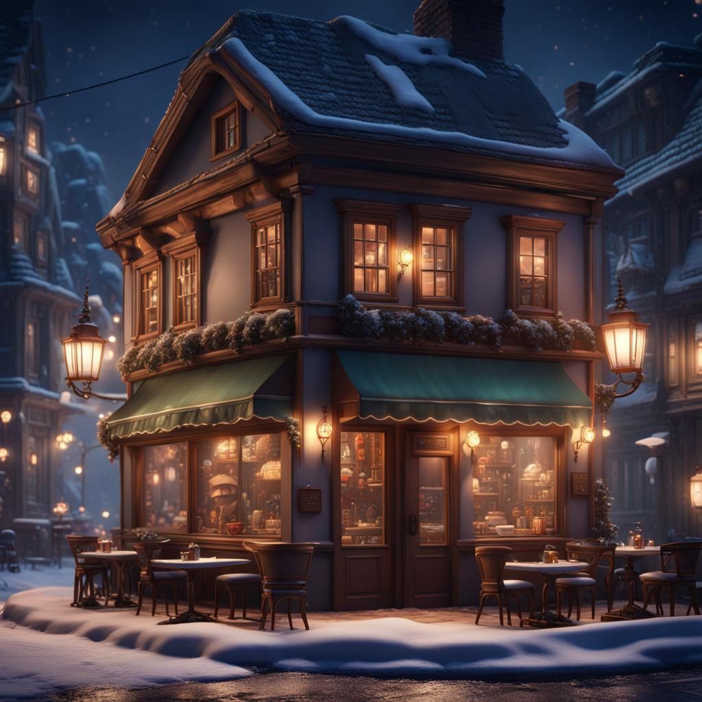 Cozy Winter Cafe: Detailed Matte Painting