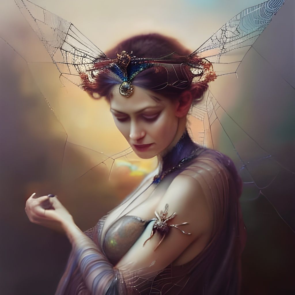 Intricate Spider Queen with Wing Crown in Hyperrealism