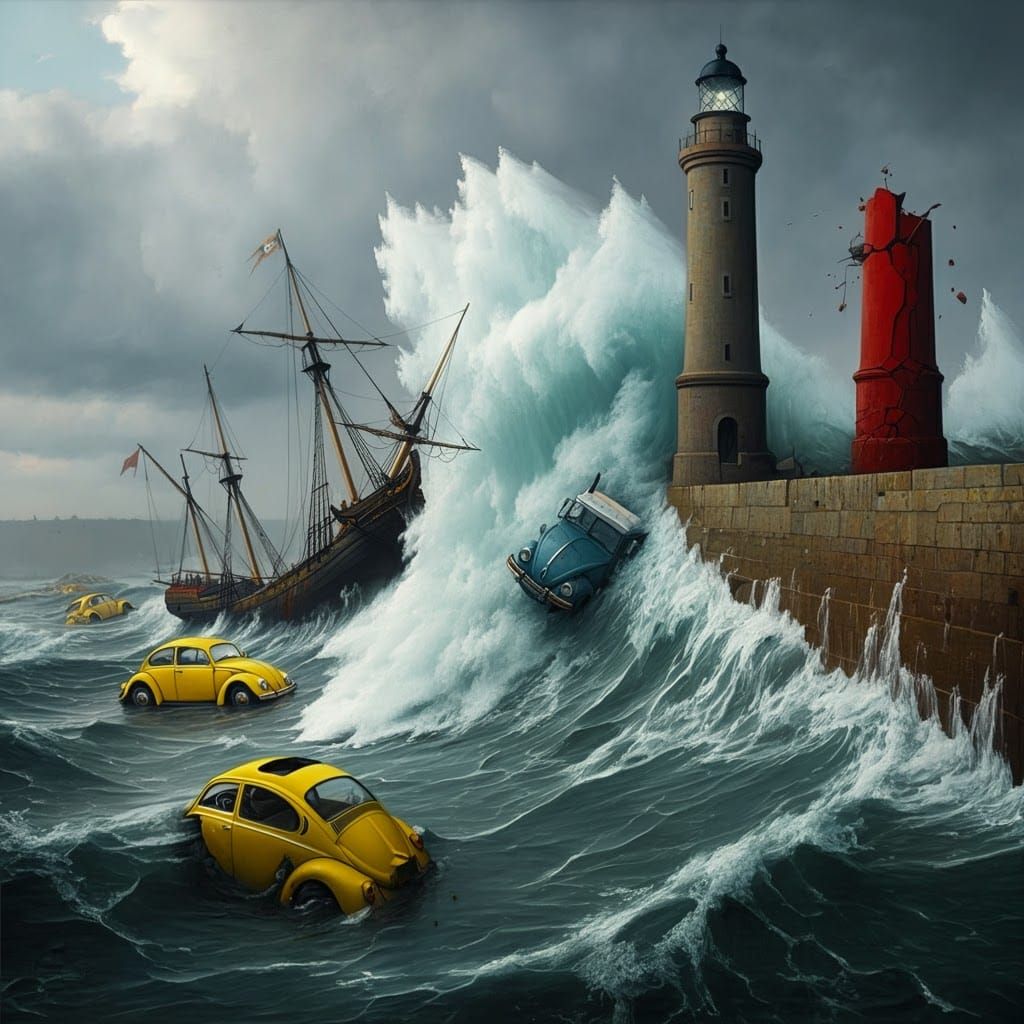 Dramatic Harbor Wave Crashing, Acrylic Painting