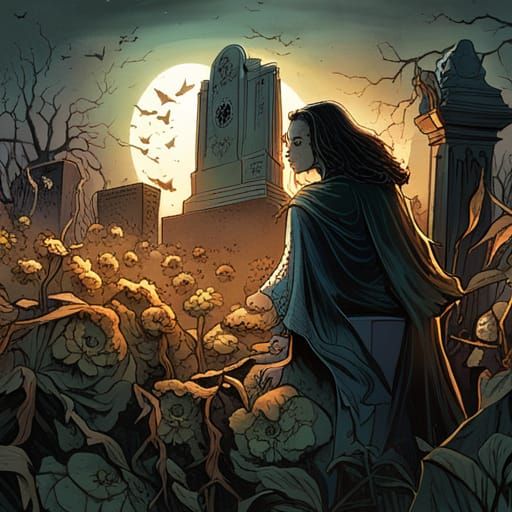 Eerie Cemetery: Flower Devouring Hawk in Horror Comic Art