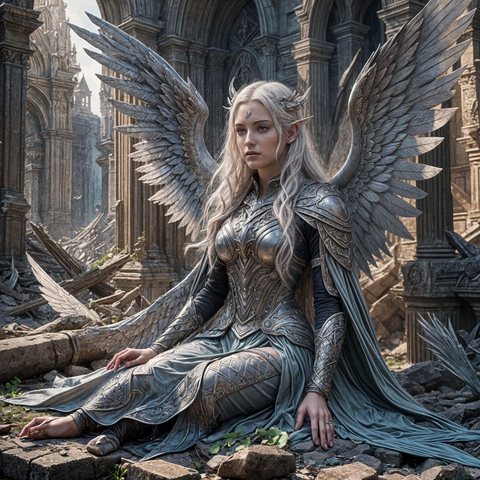 Fallen Aasimar with Silver Hair in Detailed Matte Painting