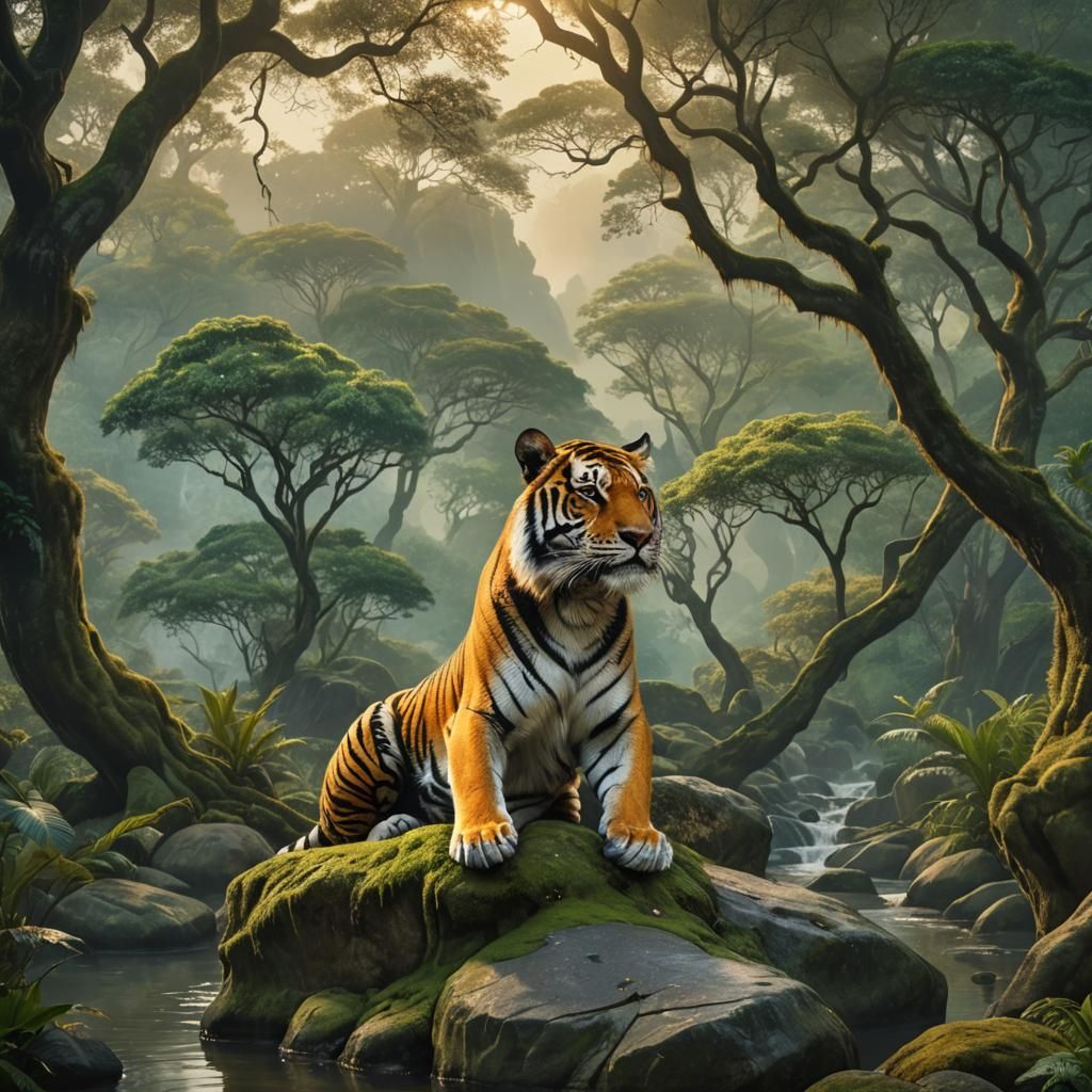 Bengal Tiger in Jungle Dawn: Fantasy Matte Painting