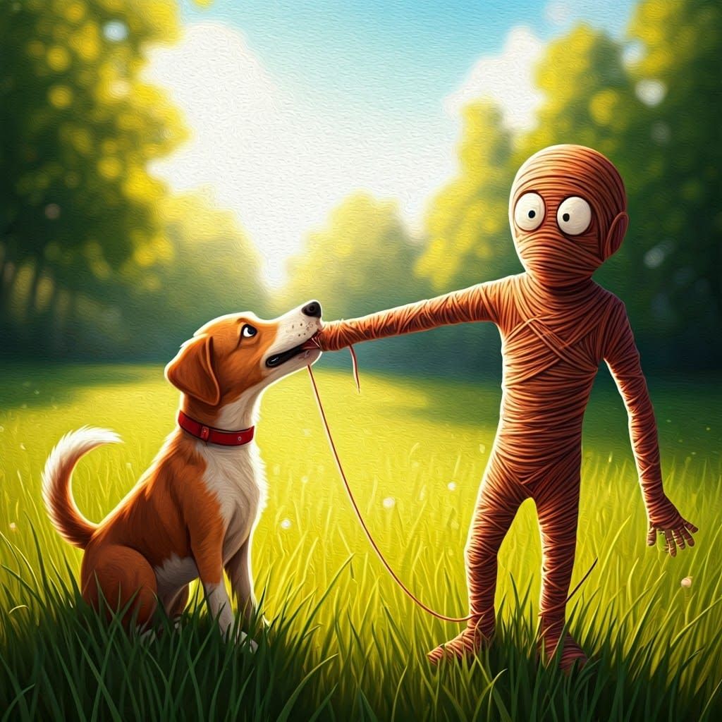 Dog Unravels String Person in Playful Cartoon Style