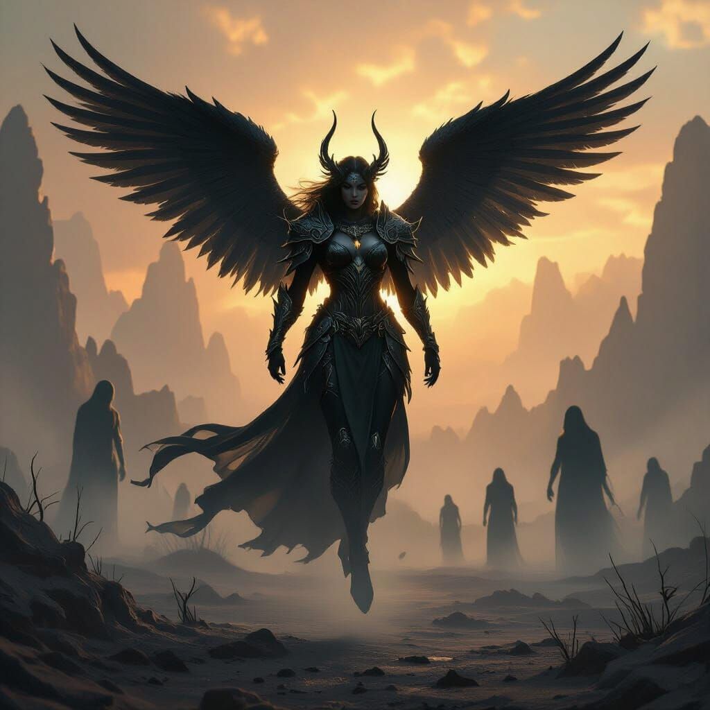 Black Angelic Warrior Over Lost Tribe in Fantasy Art Style