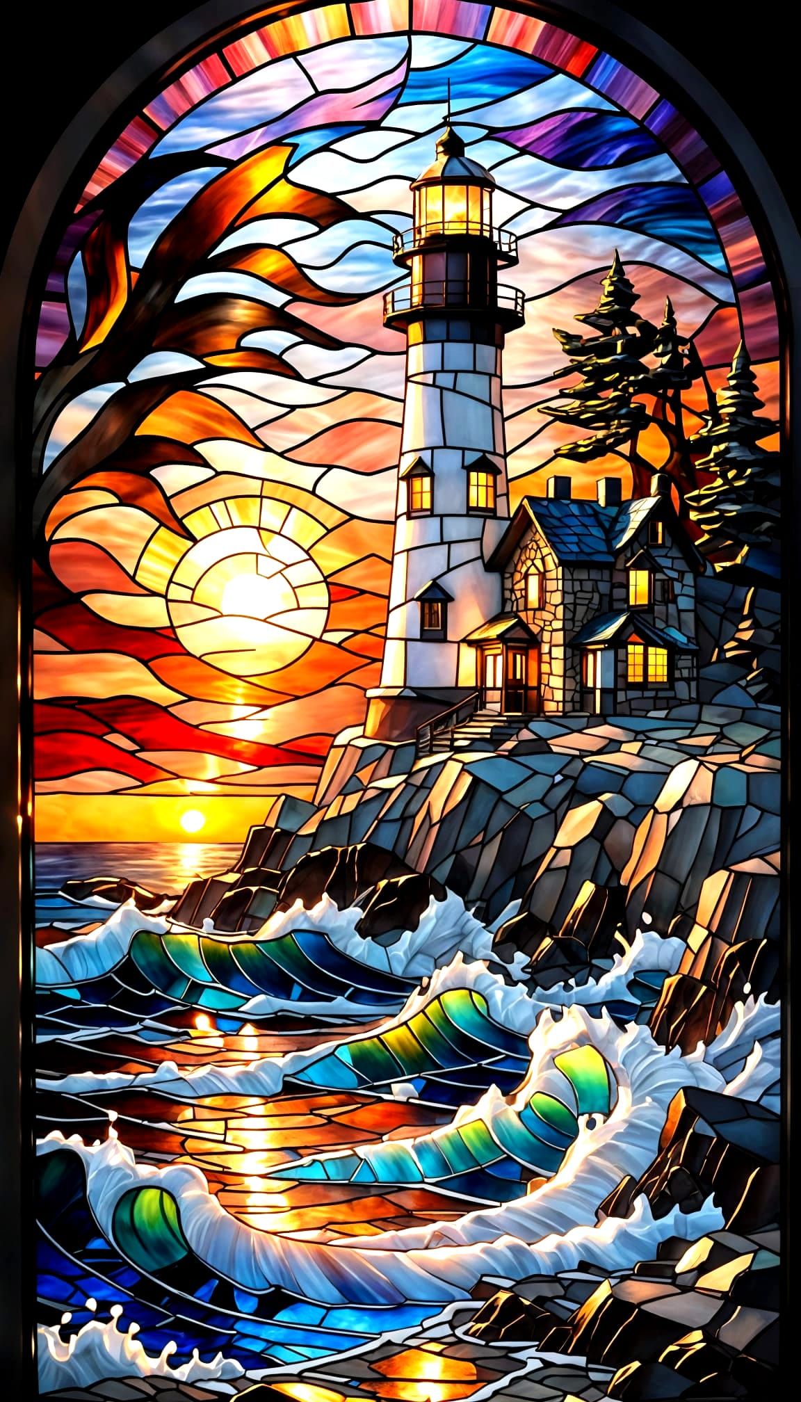 Lighthouse Sunset in Stained Glass Style