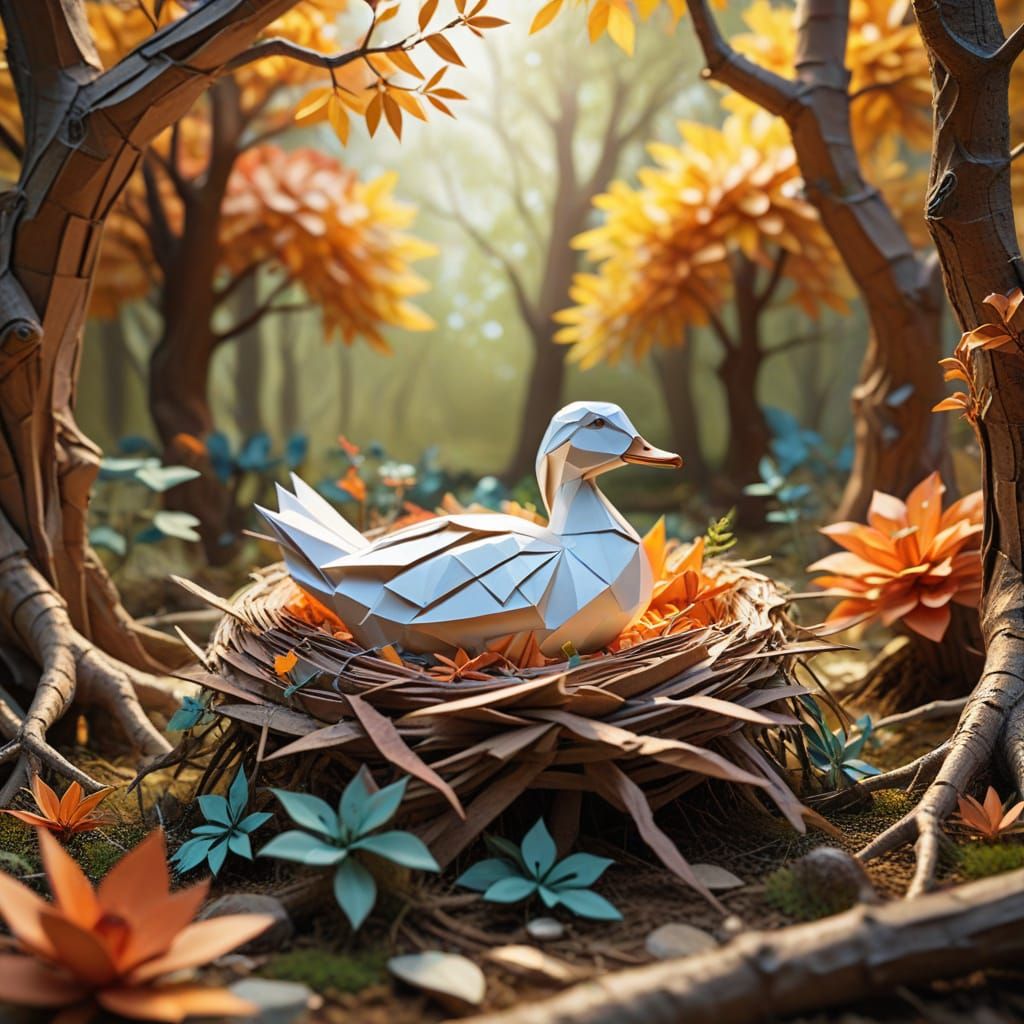 Origami Duck Protects Nest in Whimsical Paper Art Scene