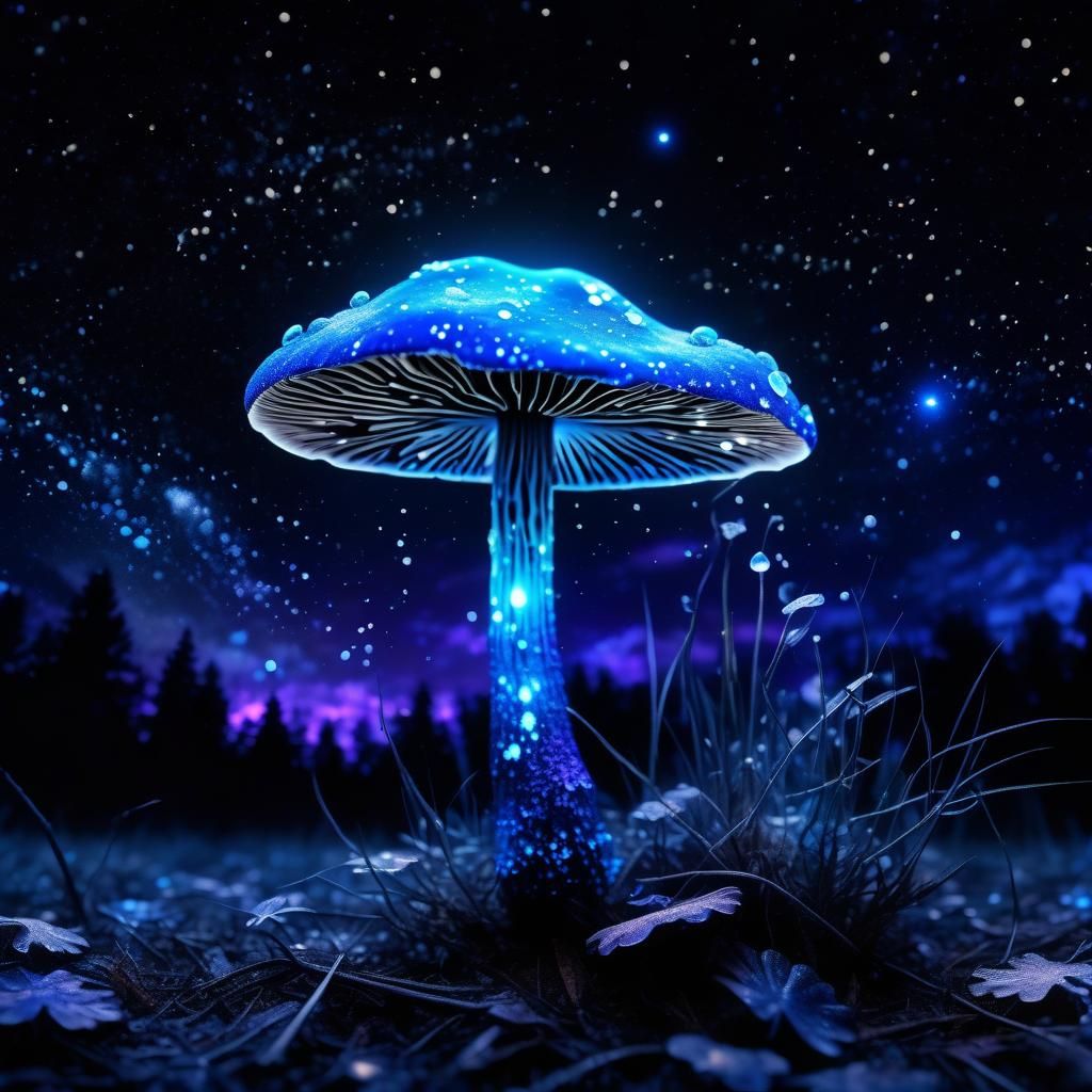 Bioluminescent Mushroom in Dark Woods with Milky Way