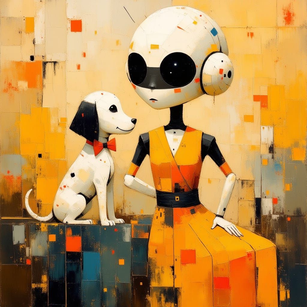 Android and Puppy in Polka Dot Dreamscape Oil Painting