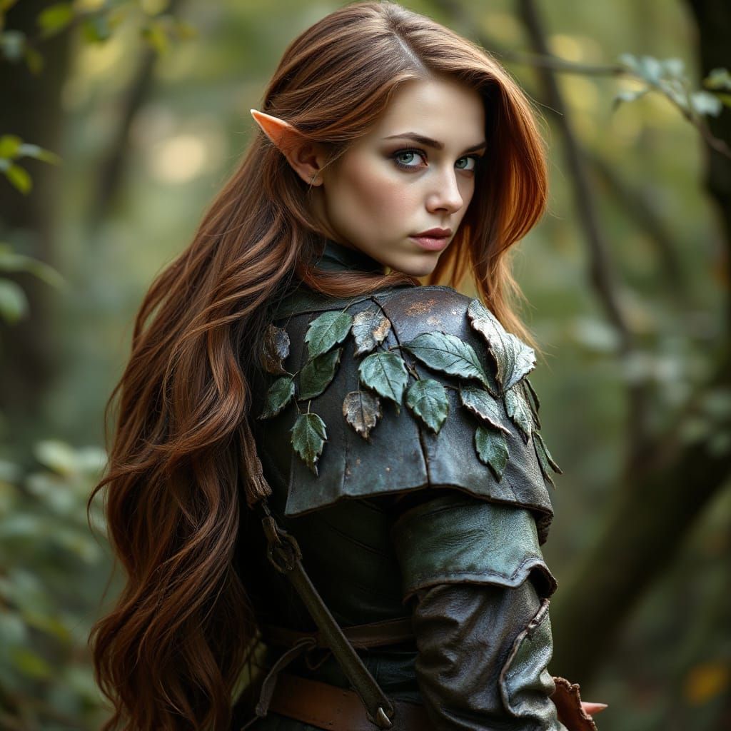 Majestic Elf Ranger in Detailed Leafy Armor