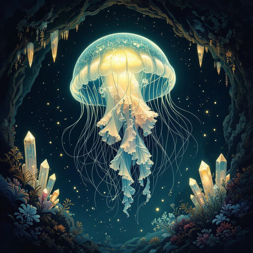Bioluminescent Jellyfish in Art Nouveau Deep-Sea Cave