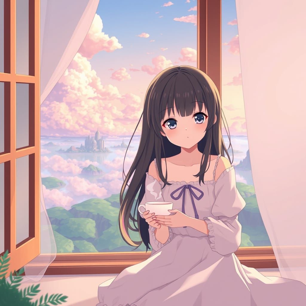 Anime Girlfriend Enjoying Tea in Dreamy Landscape
