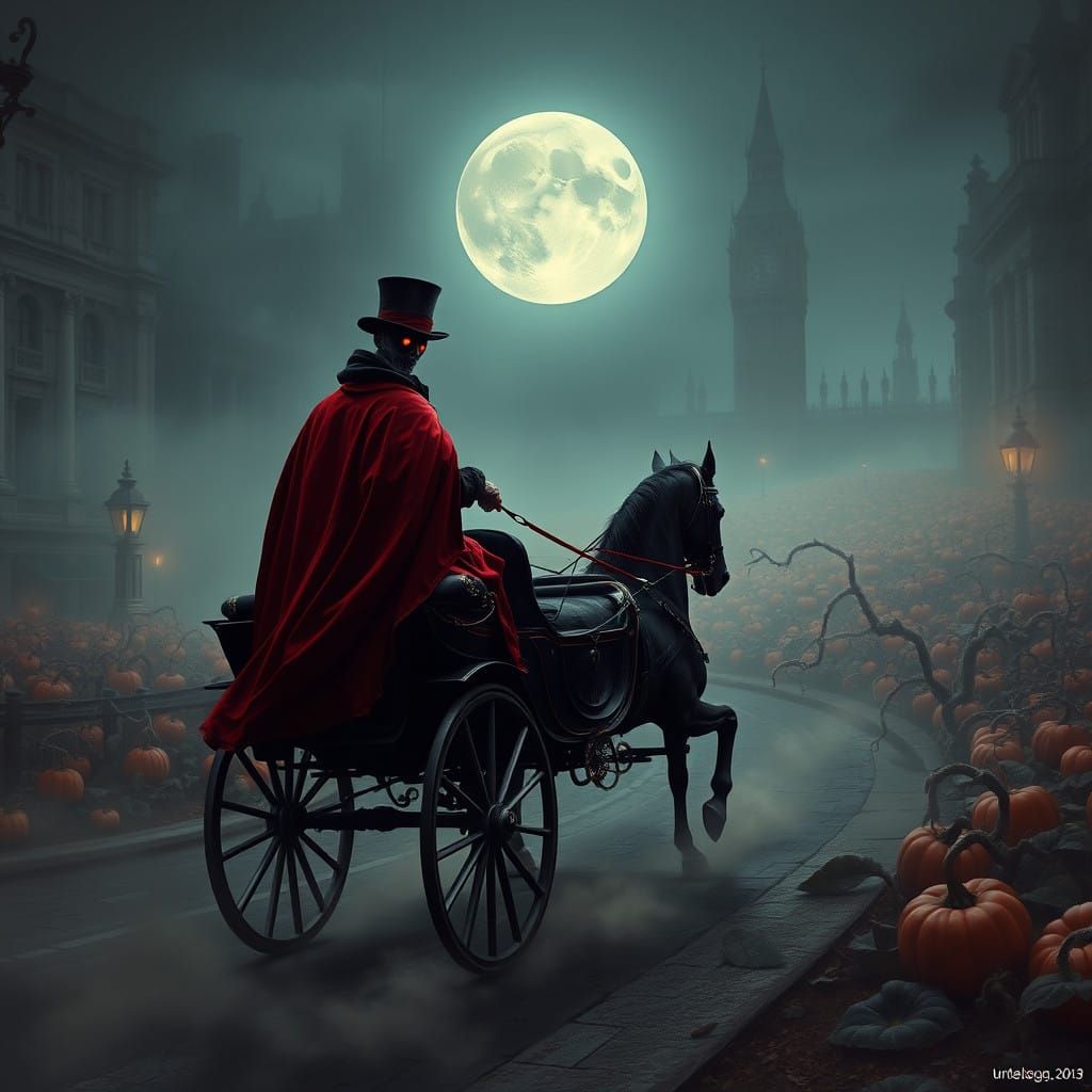 Victorian London Under Full Moon, Horse Carriage and Pumpkin...