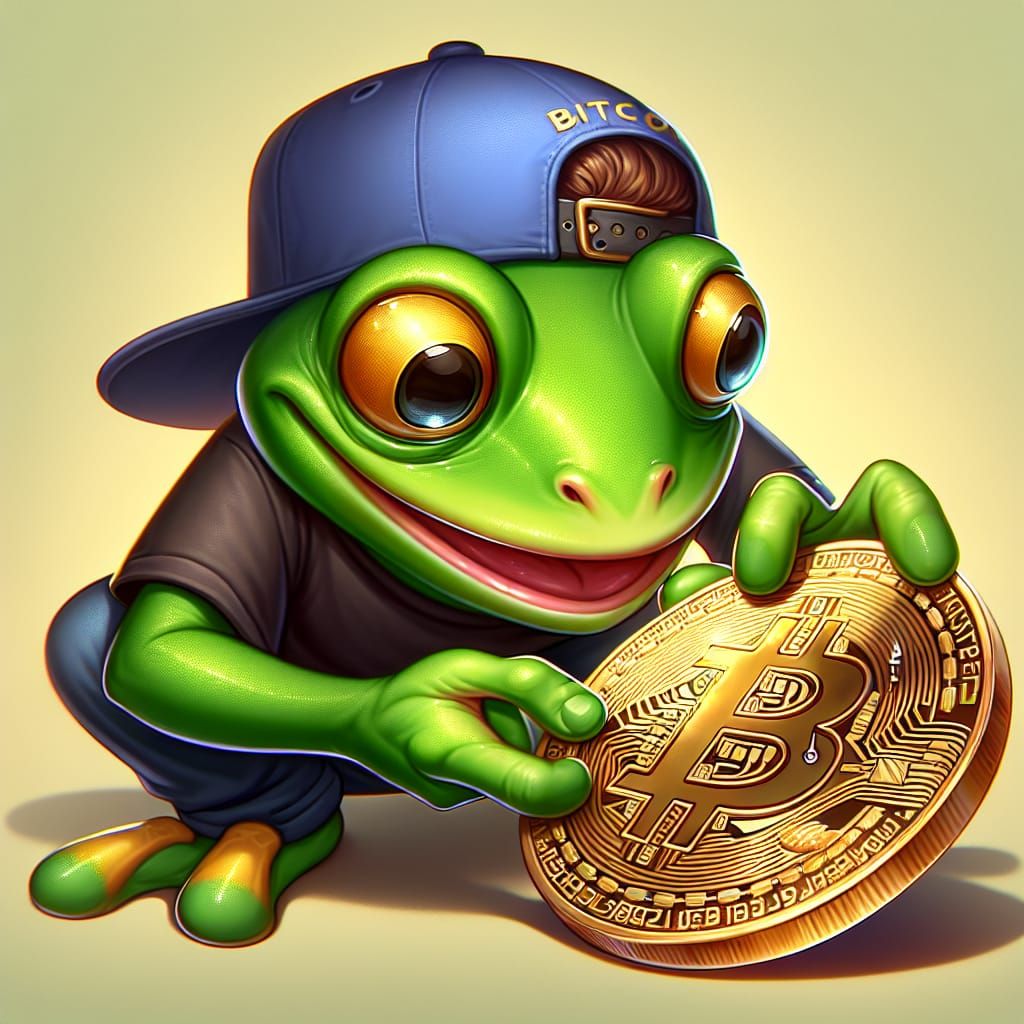 Cartoon Frog Examining Bitcoin Coin