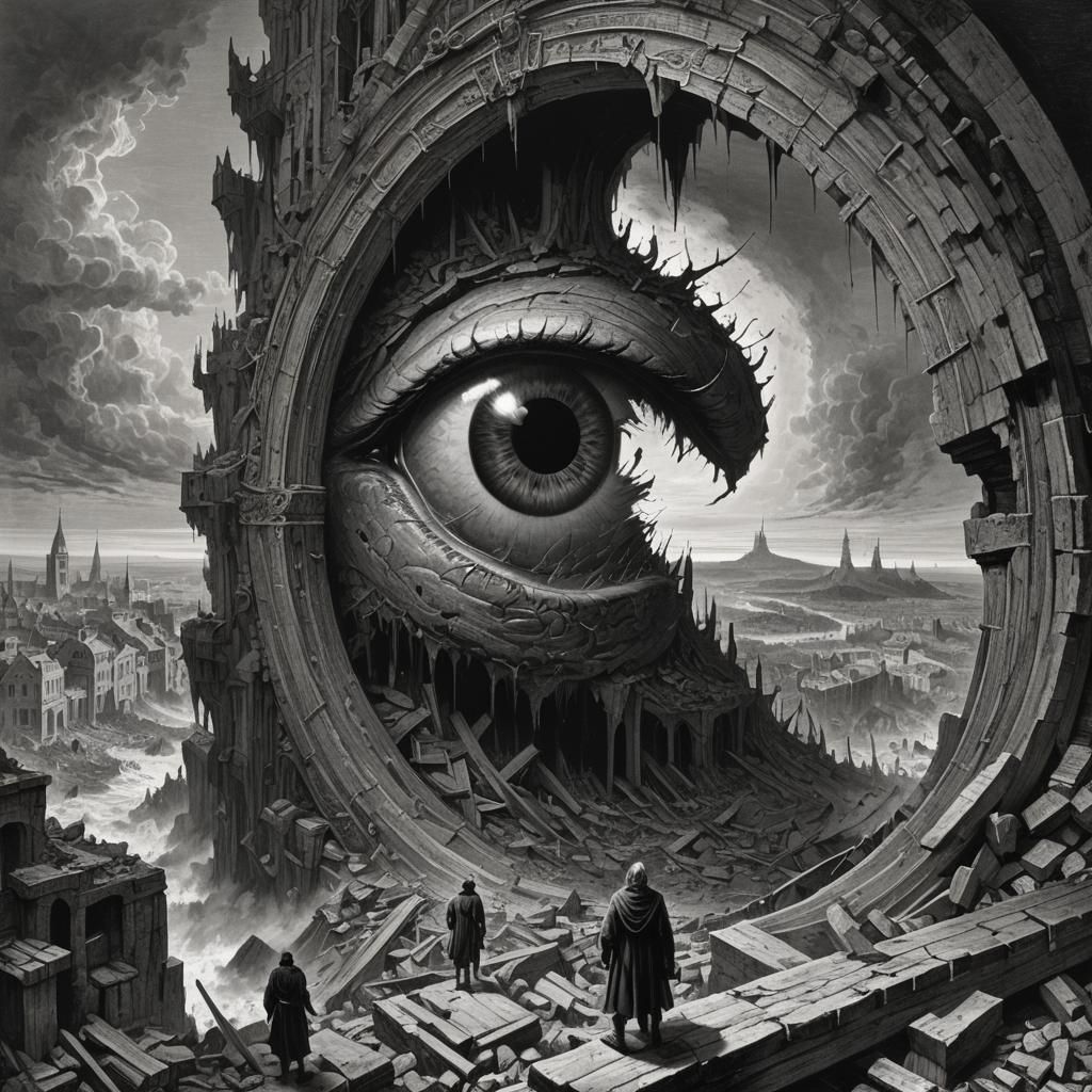 Divided Giant Eye Overlooking World in Horror Style