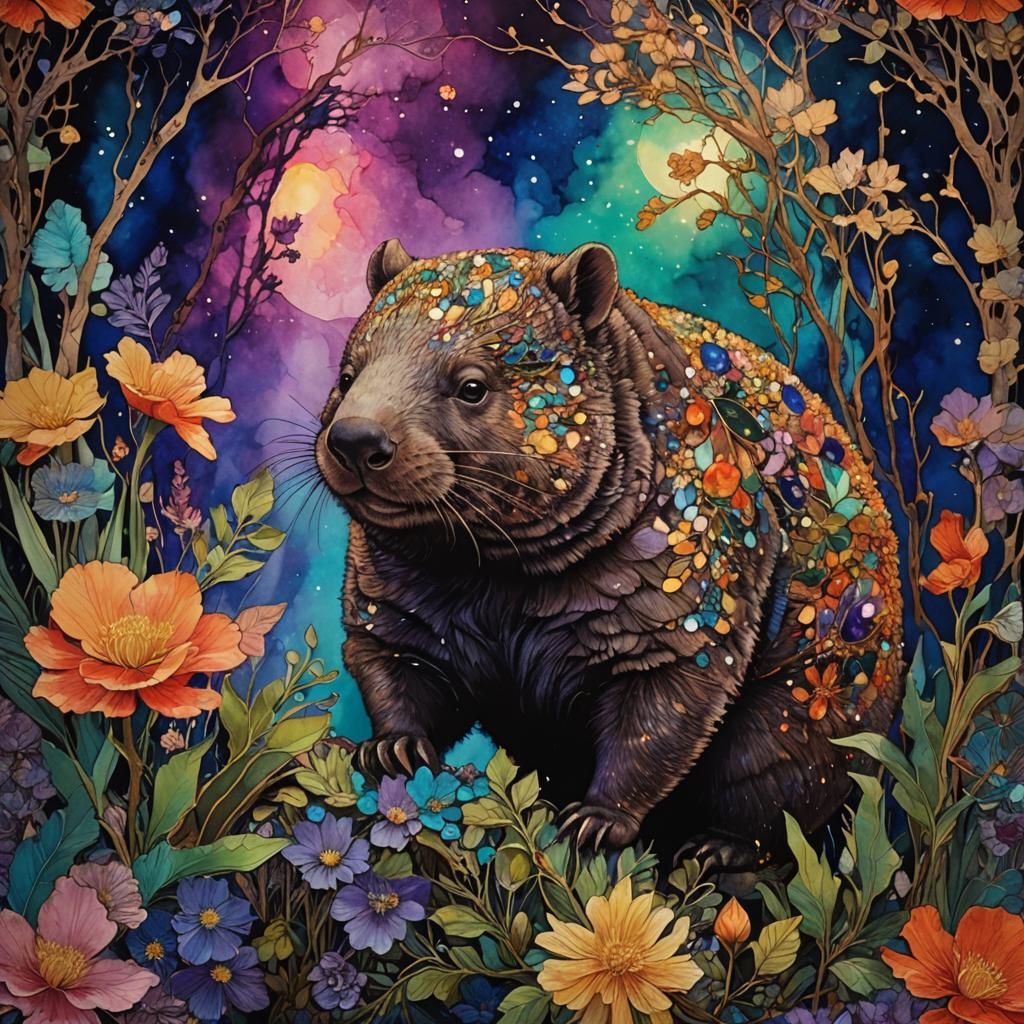 Wombat in Harry Clarke Style with Glowing Botanicals