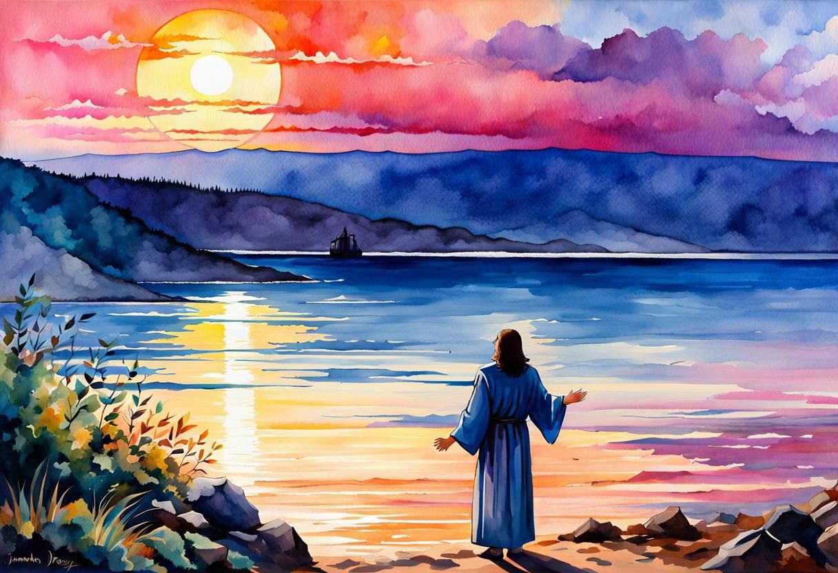 Jesus Christ at Sea of Galilee: Watercolor Art