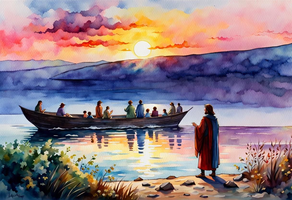 Compassionate Jesus Christ Helping Boy, Watercolor Art
