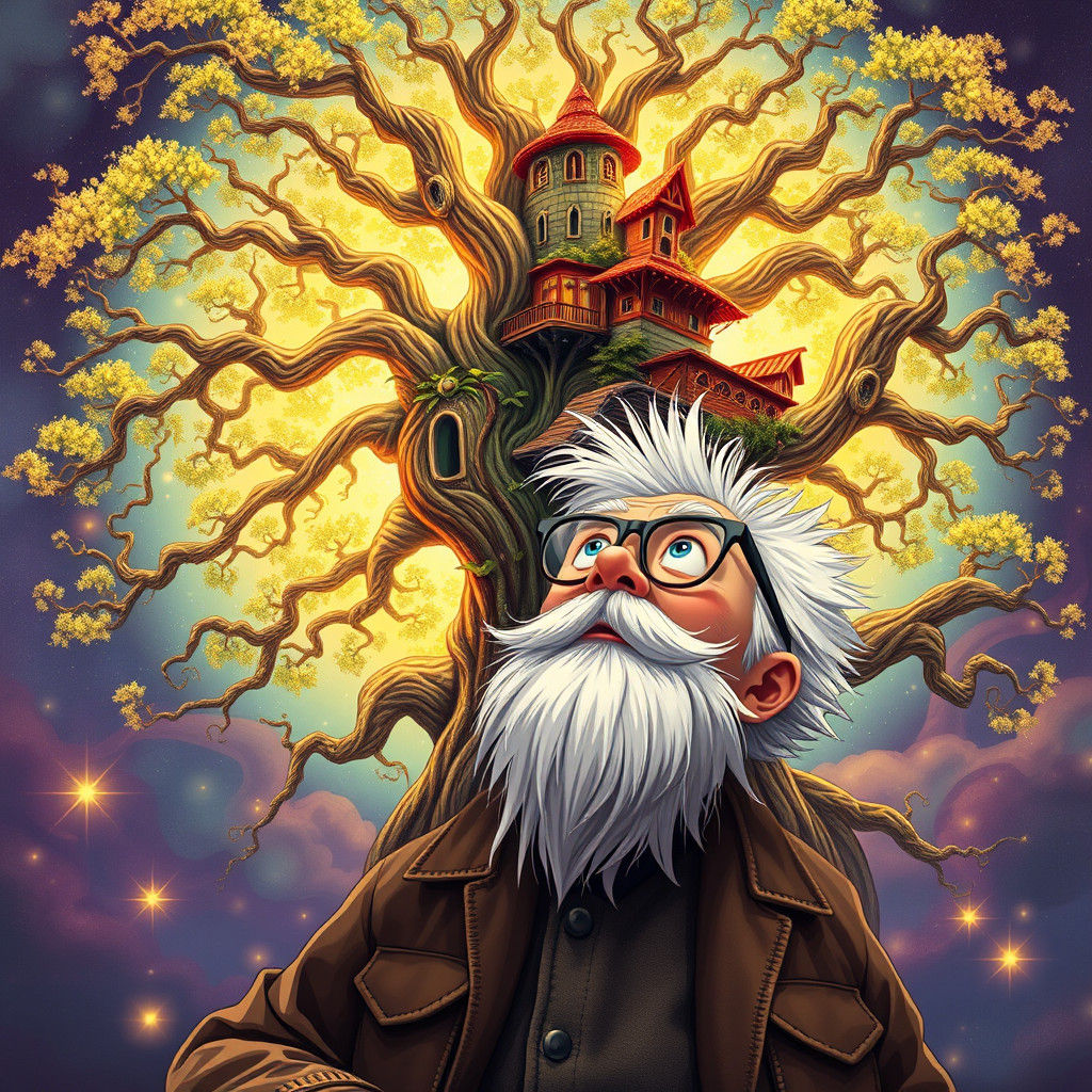 Whimsical Old Man Amazed by Fantastical Treehouse