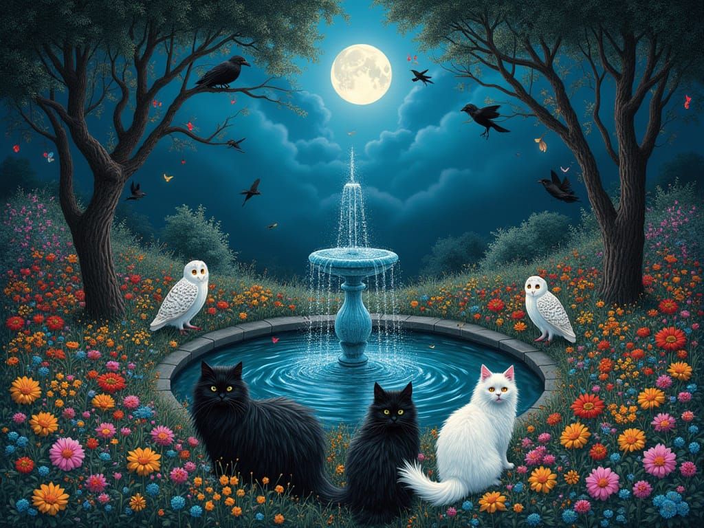 Dreamlike Moonlit Garden with Cats and Birds
