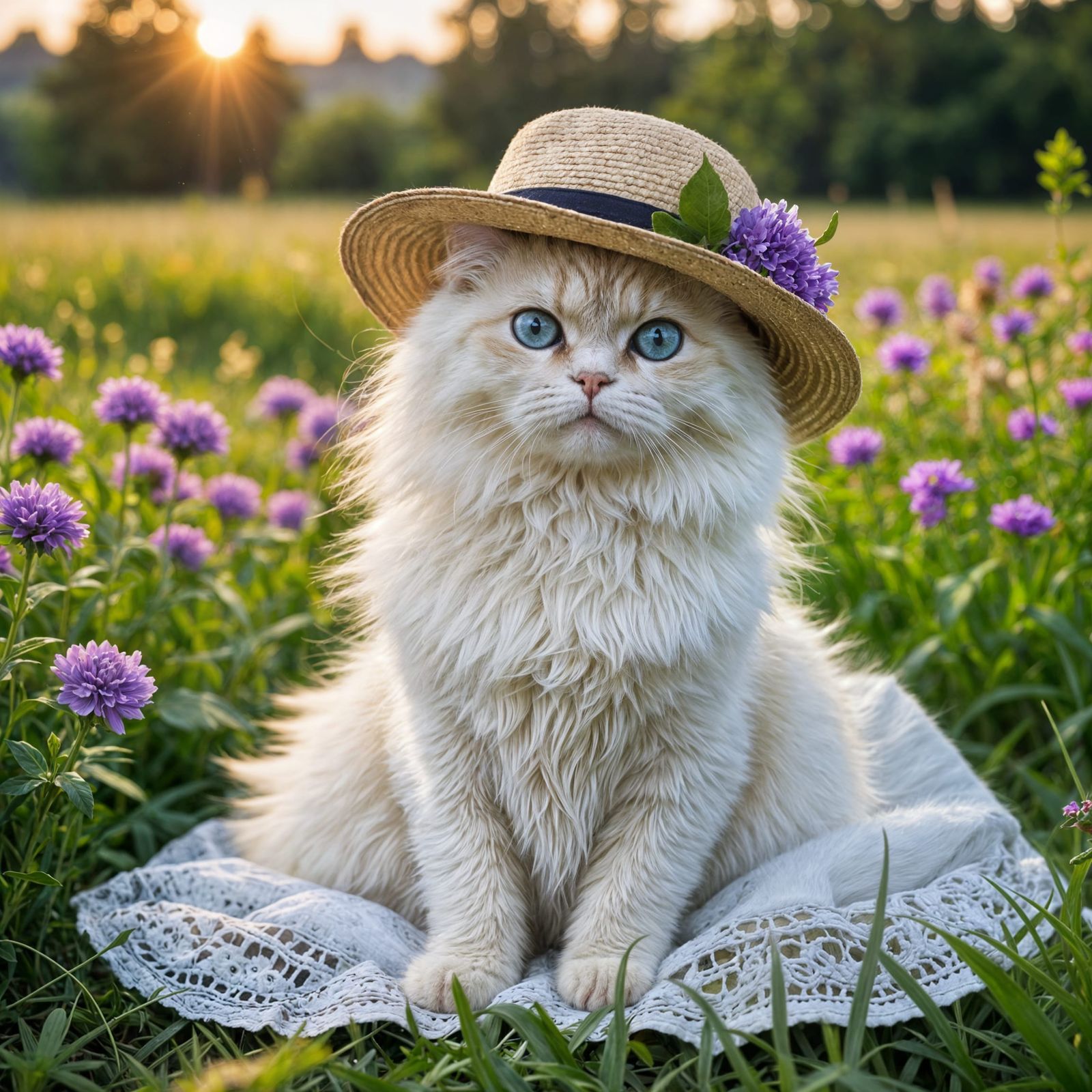 Persian Cat in Straw Hat at Sunrise
