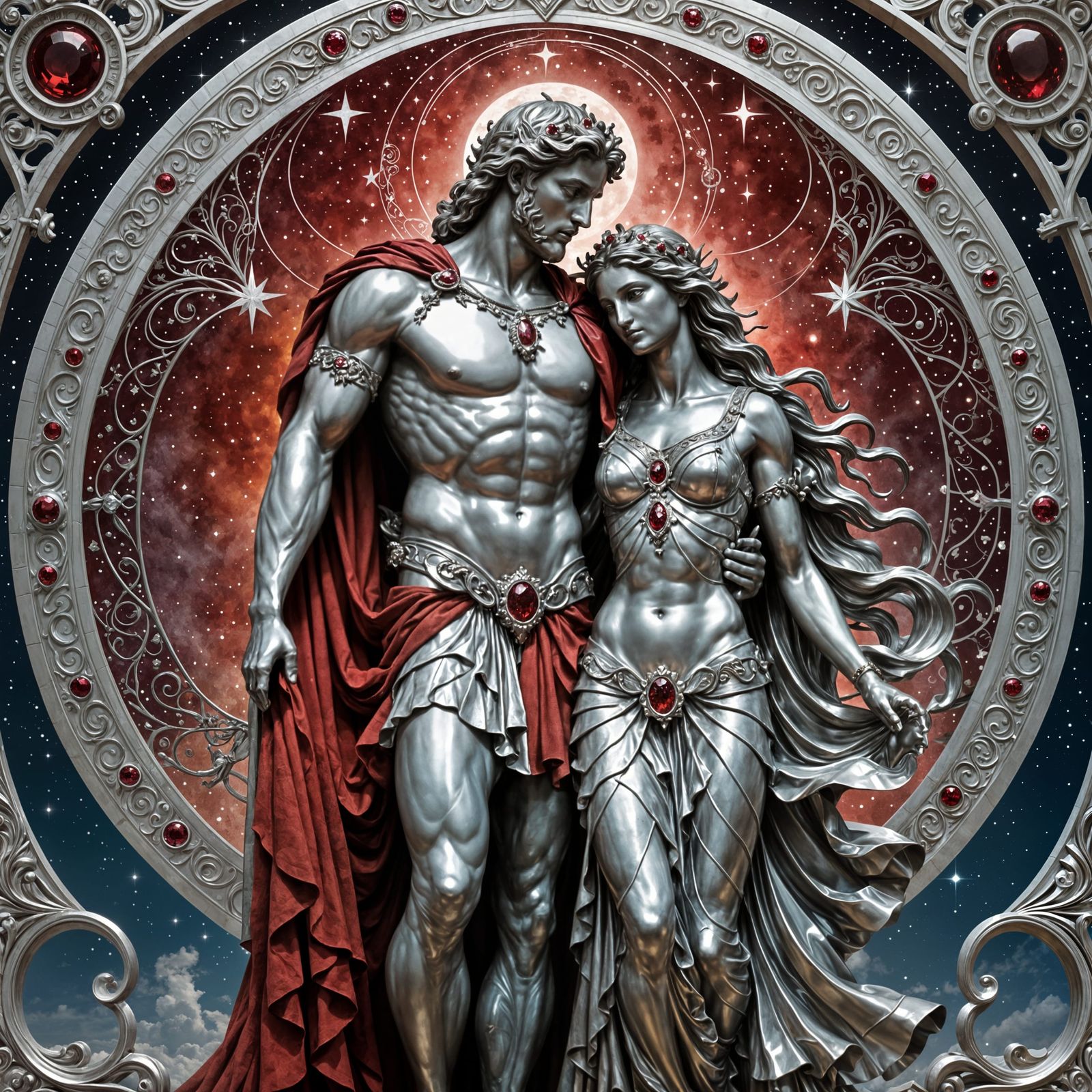 Statue of a Greek god carrying lovingly a woman