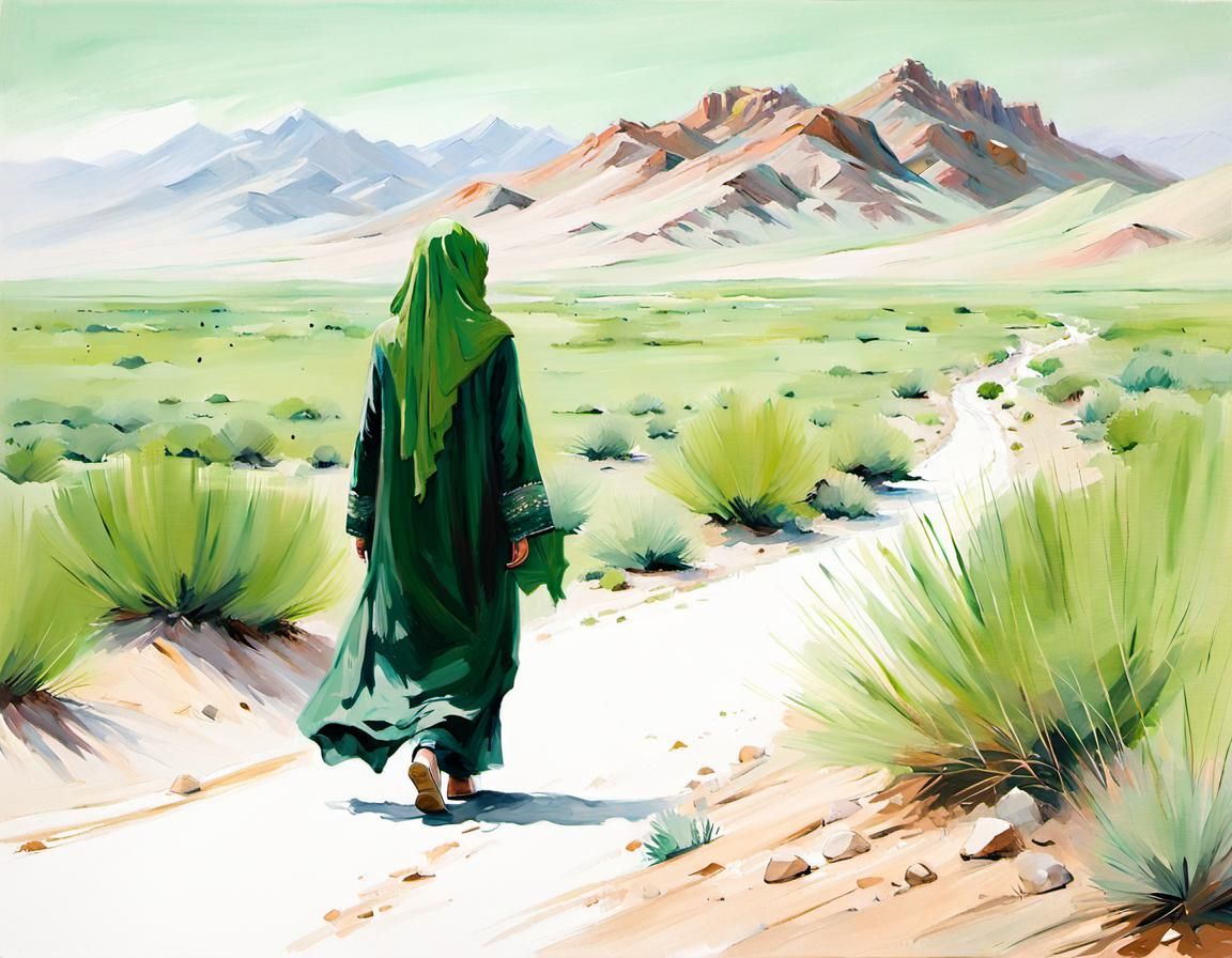 Woman in Green Burqa: Desert Oasis Oil Painting
