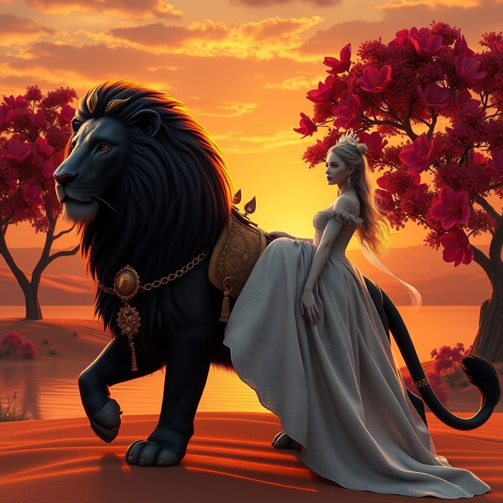Regal Lion Carries Princess Through Sunset Desert Landscape