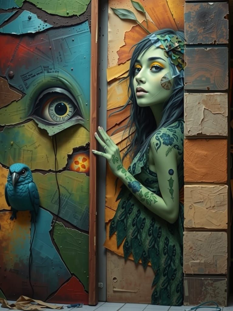 Mixed-Media Collage of Woman in Eclectic Studio