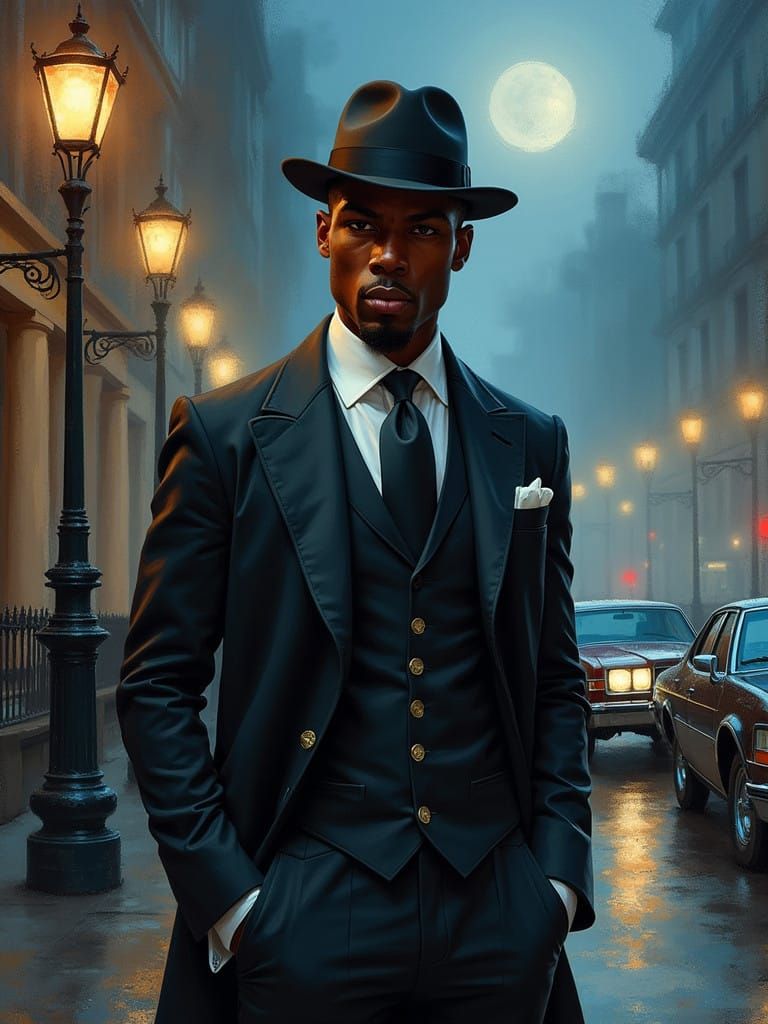 Confident Gentleman in Sleek 1920s Attire, Inspired by Leoni...