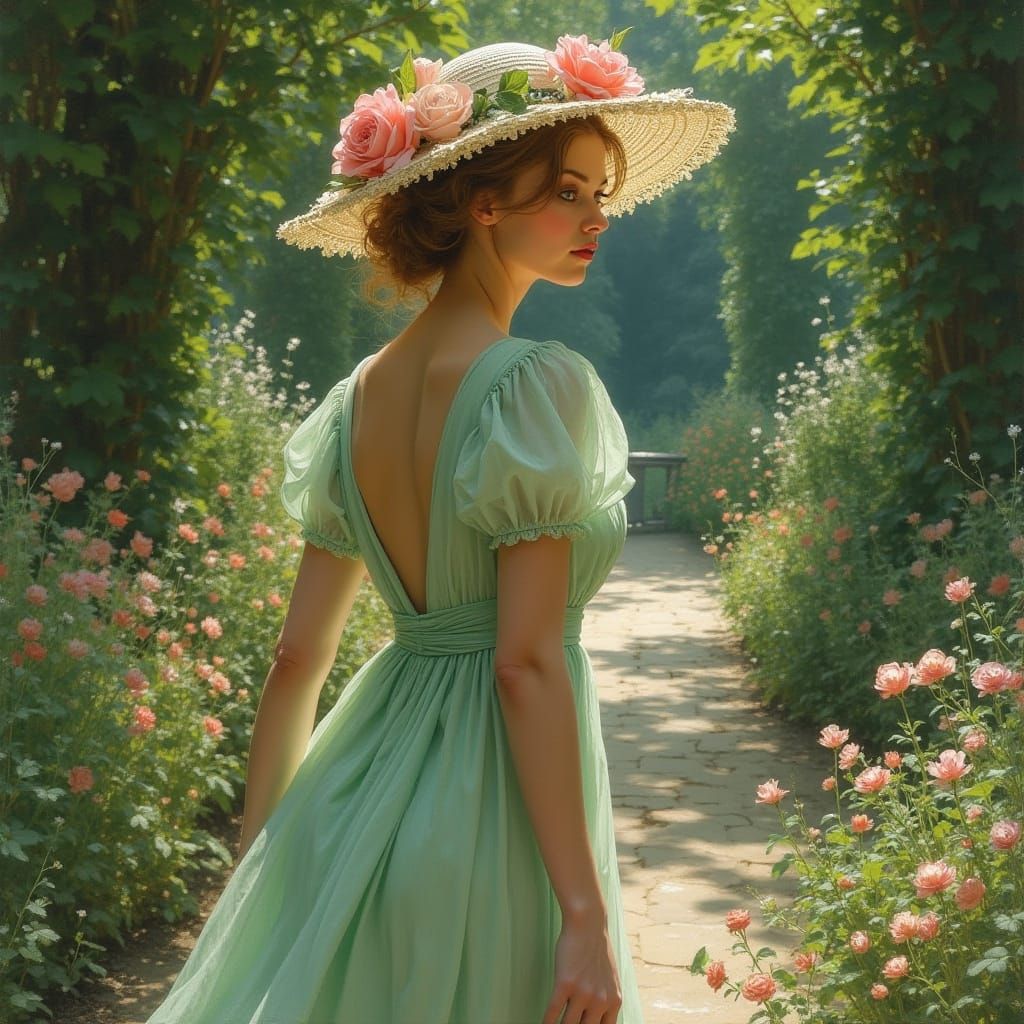 Elegant Woman in Garden, Impressionistic Style