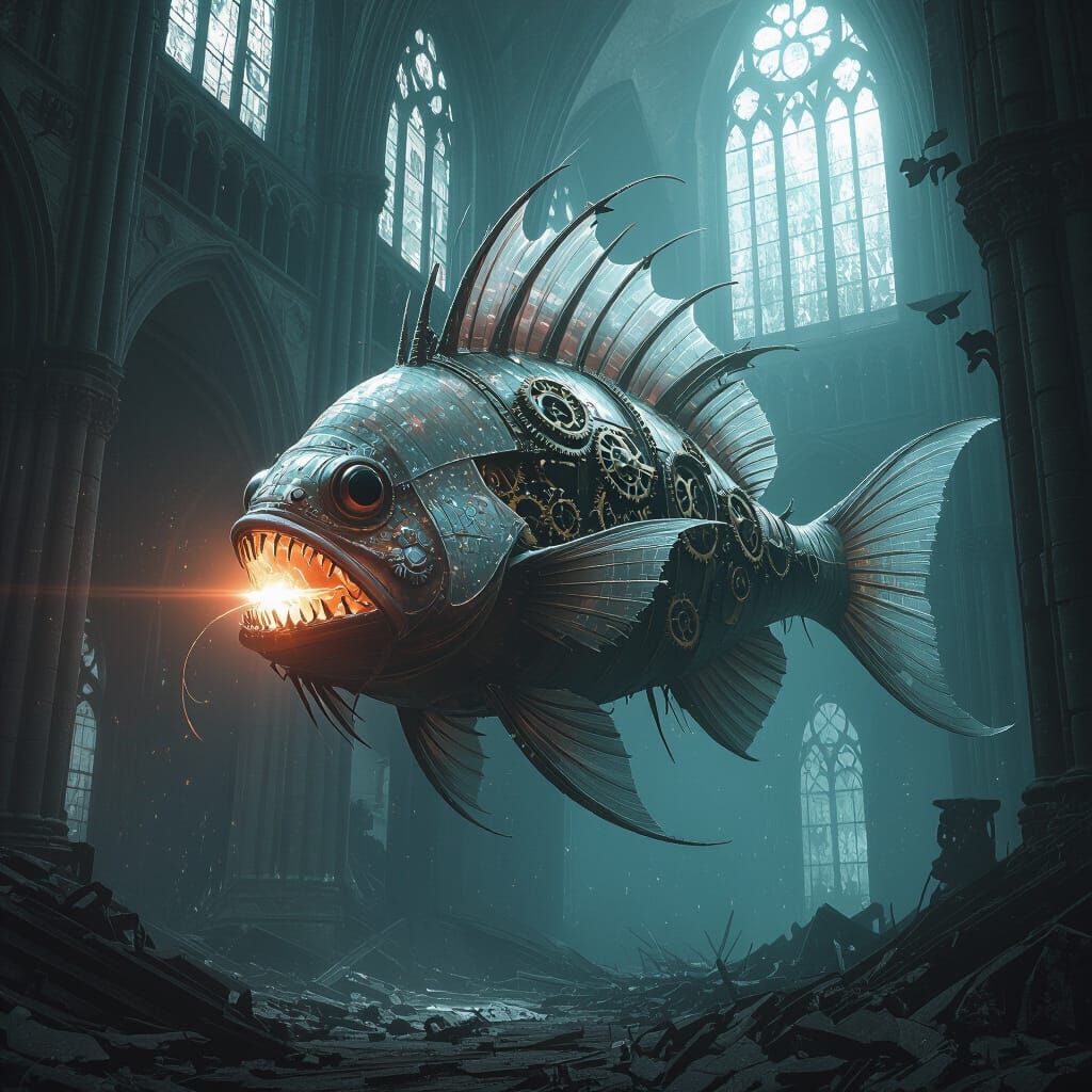 Clockwork Anglerfish in Gothic Cathedral, Dark Futurism