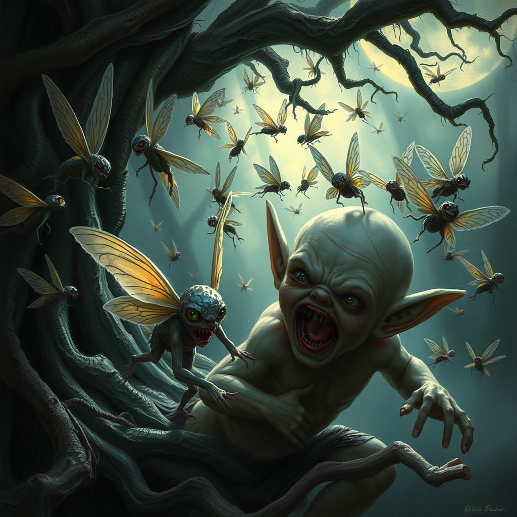 Dark Fairies Devour Terrified Elf in Haunting Scene