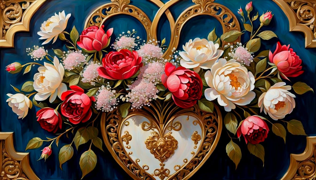 Romantic Impasto Floral Bouquet in Heart-Shaped Art Nouveau ...