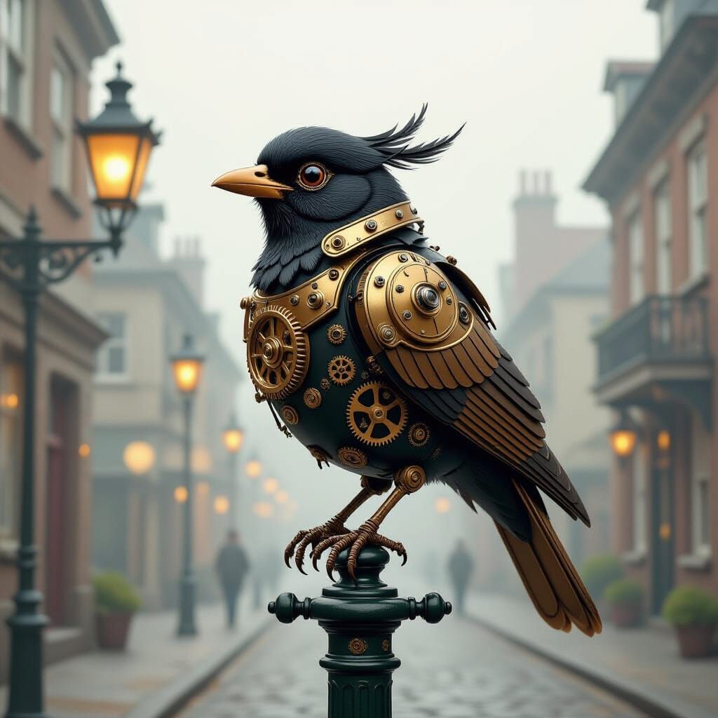 Steampunk Automaton Bird on Victorian Lamppost