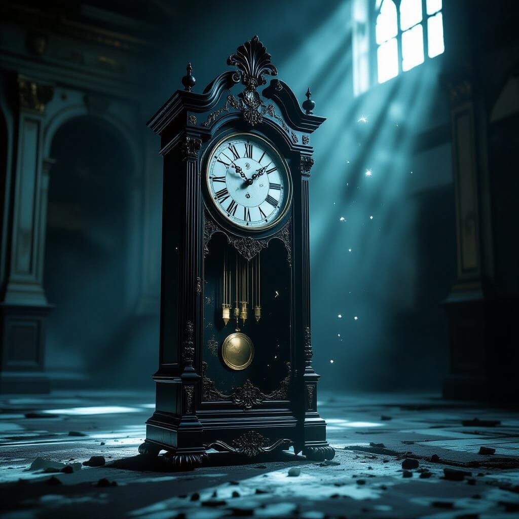 A vintage, ornate grandfather clock stands in a dimly lit, a...
