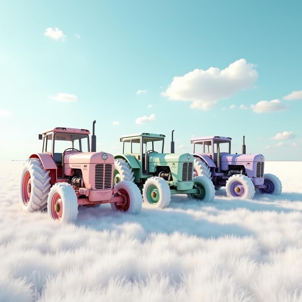 Pastel Tractors in Ethereal Field: Digital Matte Painting