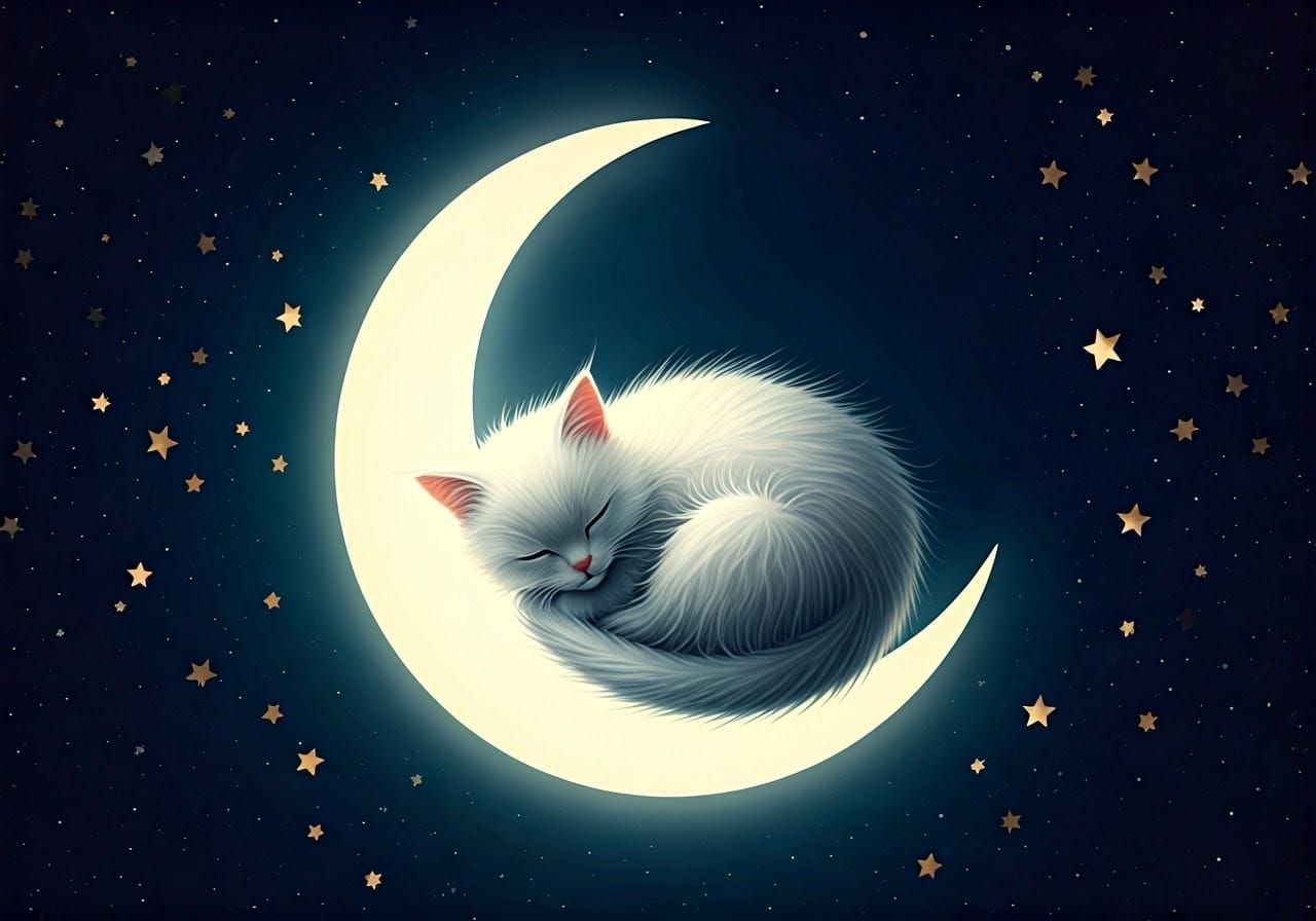 Dreamy Nocturnal Scene with a Fluffy Cat on a Crescent Moon