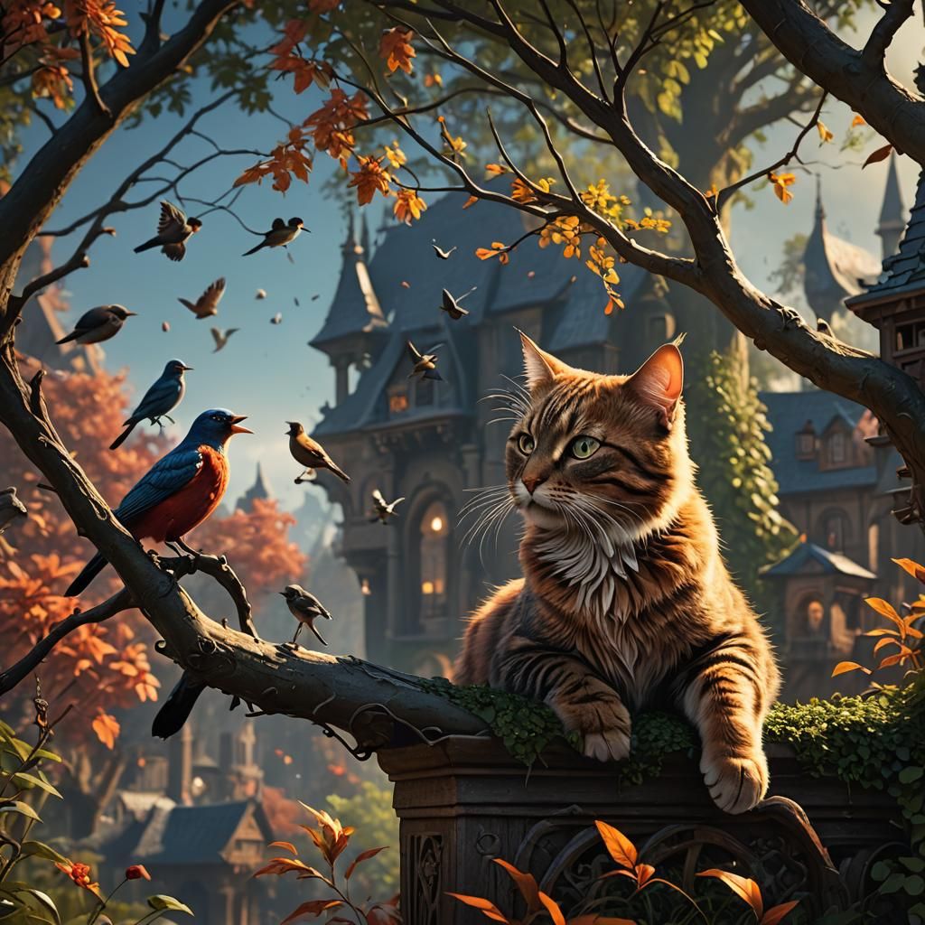 Cat Watching Birds: Detailed Matte Painting