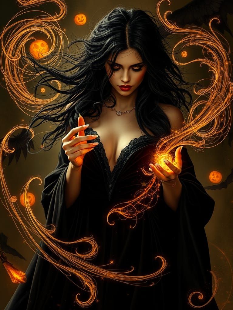 Mystical Witch Conjuring Spell on Halloween