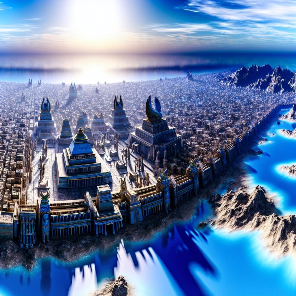 Fantasy Egyptian City at Sunset: Panoramic Bird's-Eye View