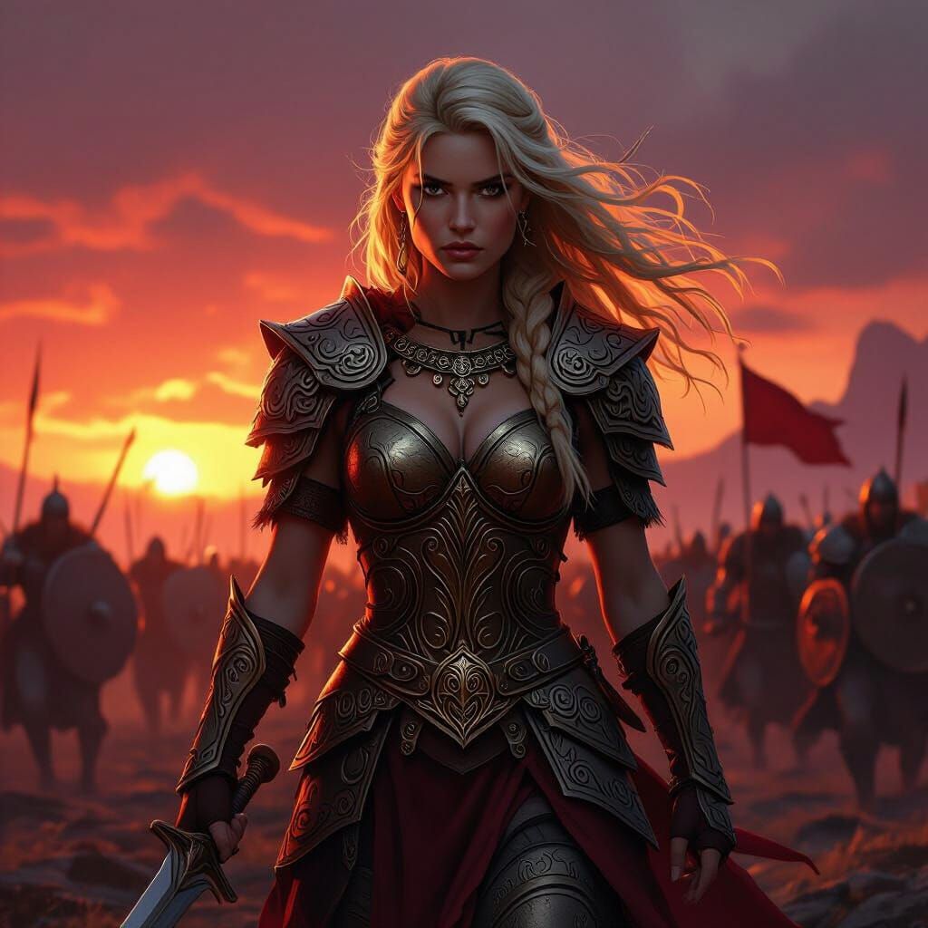 Celtic Warrior Queen Leading Army at Sunset in Dark Fantasy ...