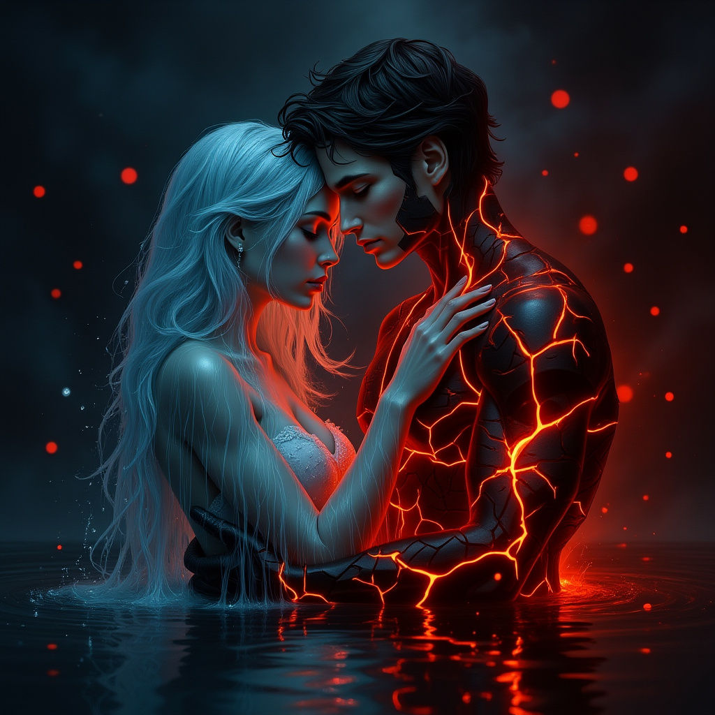 Water and Lava Lovers in Symbolic Embrace