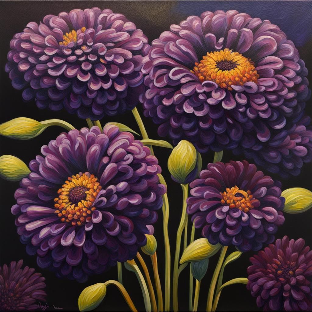 Dark Purple Zinnias in Neo-Impressionist Style