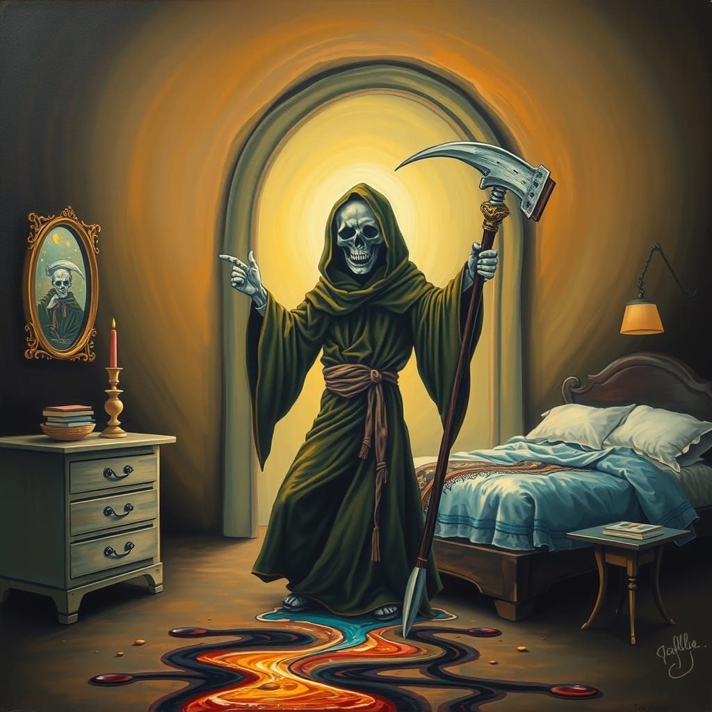 Goofy Grim Reaper Tripping into Bedroom, Surreal Oil Paintin...