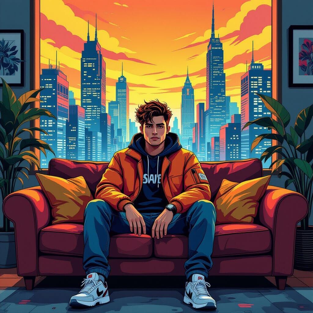Young Man in Cityscape: Neo-Futuristic Illustration