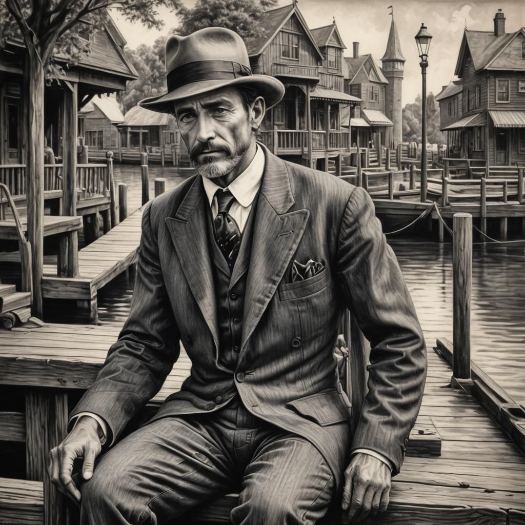 Victorian Man Relaxing by the Dock: Charcoal Drawing